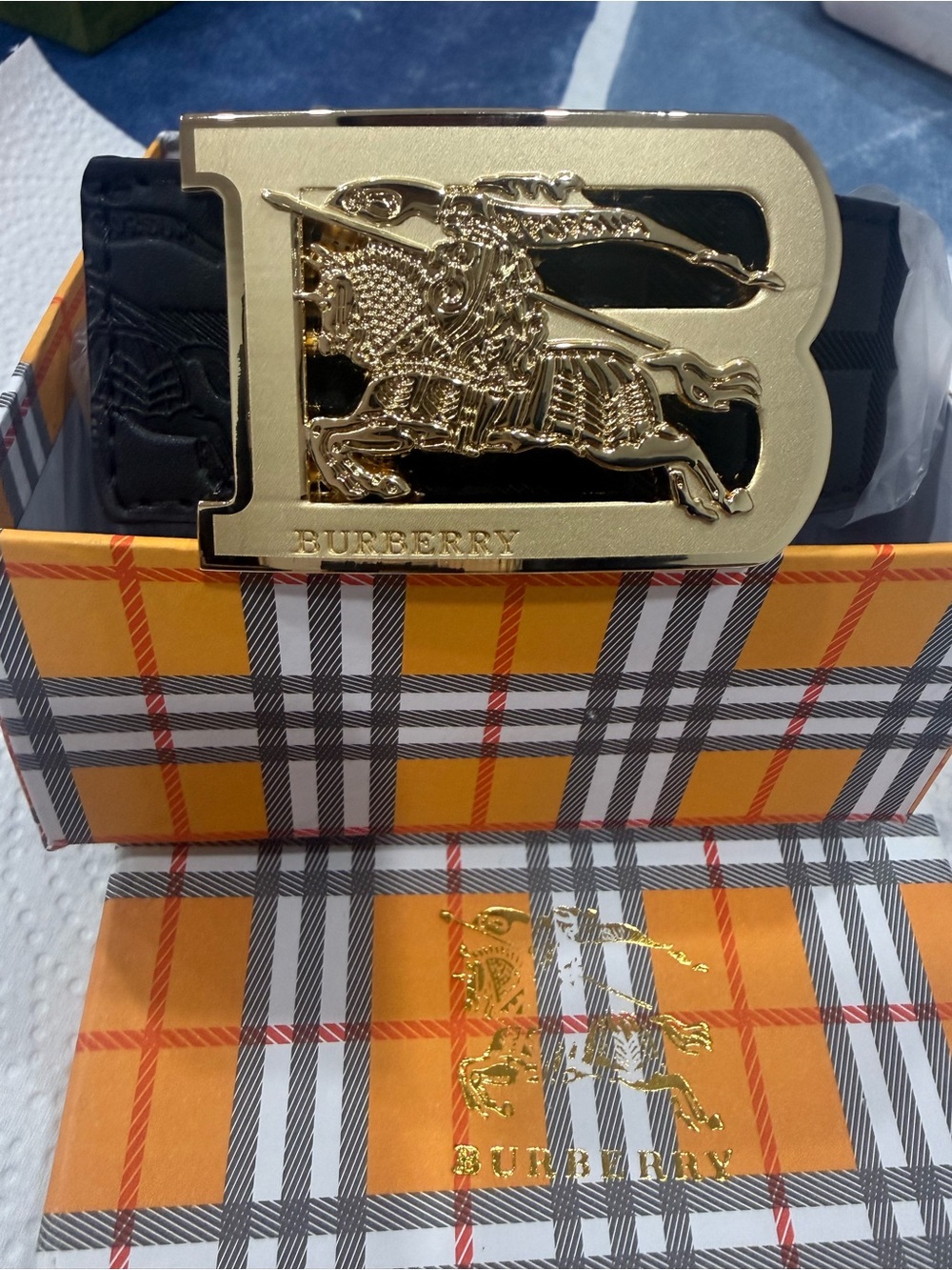 Burberry Black Leather Belt with Gold 'B' Equestrian Buckle